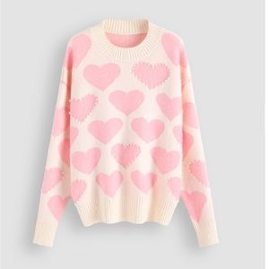NWT CIDER Pink Heart Pattern Knitted Sweater with Faux Pearl Accents